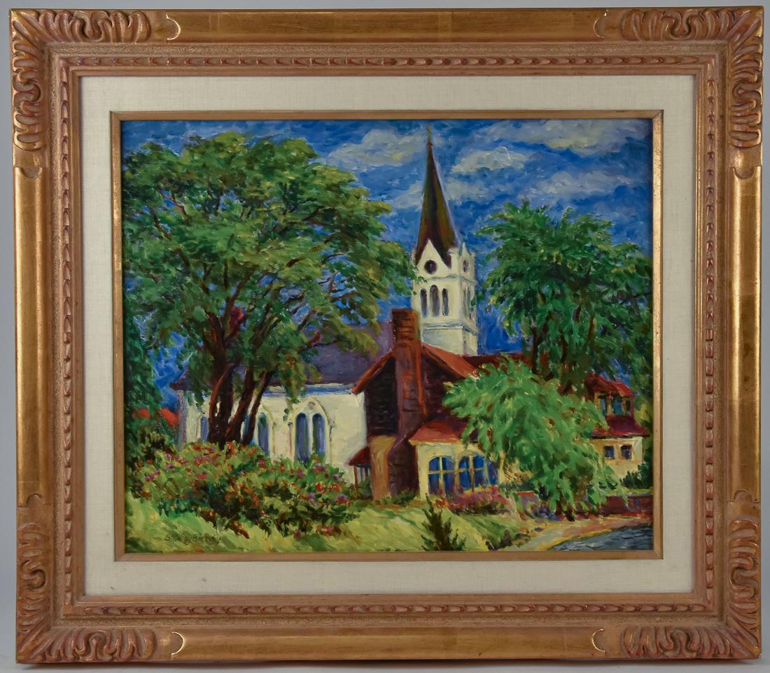 Stanley Bielecky (IN/MI) Oil Painting: Stanley Bielecky (Indiana/Michigan 1903 - 1985) 20" H x 24" W oil on canvas of landscape with church. Signed lower left, "Stanley Bielecky." His family came to Chicago in 1906. In the 1930's Stanley w