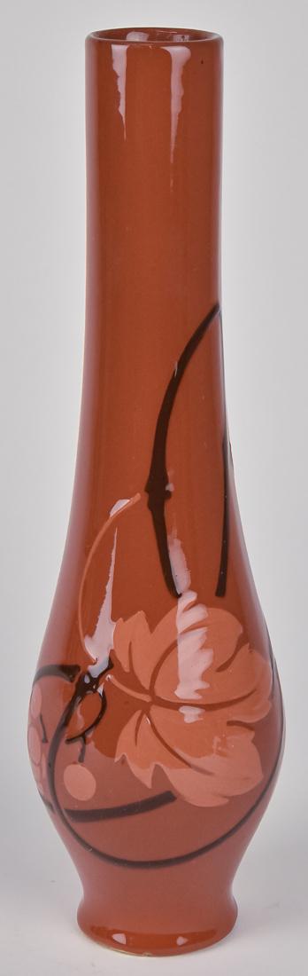 Art Pottery Vase: Artist painted vintage pattern on brown ground in high glaze. Unmarked on yelloware body. 15" high. Condition Fine.