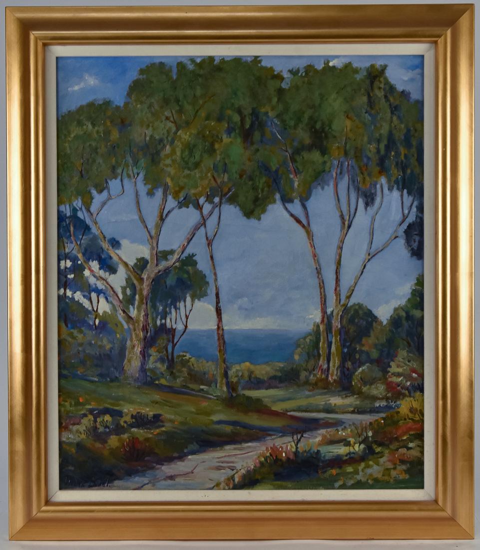 Philip Paval (CA) Oil Painting: Philip Kran Paval (California, 1899 - 1971) 28 1/2" H x 24" W oil on canvas titled, "Huntington Palacades." Signed lower left, "Phililp Paval." Also written on verso from an art conservator before rel