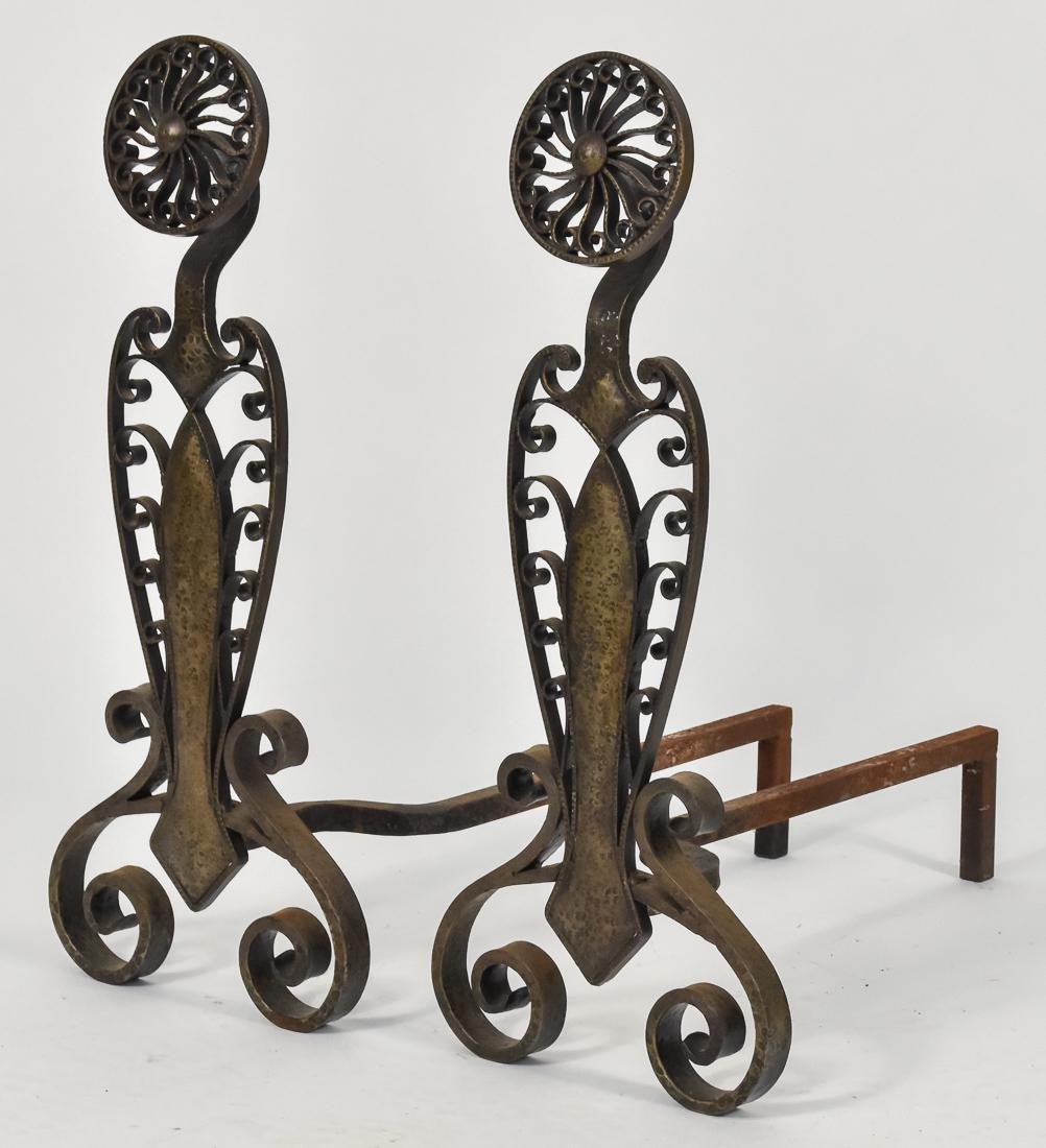 Pr. Of Arts & Crafts Hammered Andirons: With swirling curl designs. 25" H x 10" W x 21" D. Very good condition