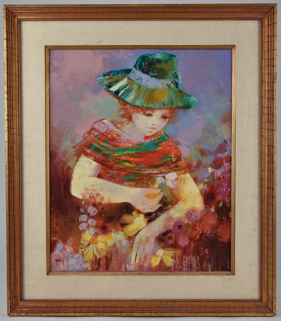 Daniel Gelis Oil Painting: 22" H x 18" W oil on canvas of young girl. Signed lower left, "Gelis." Frame 29 1/2" H x 25 1/2" W. Good condition.