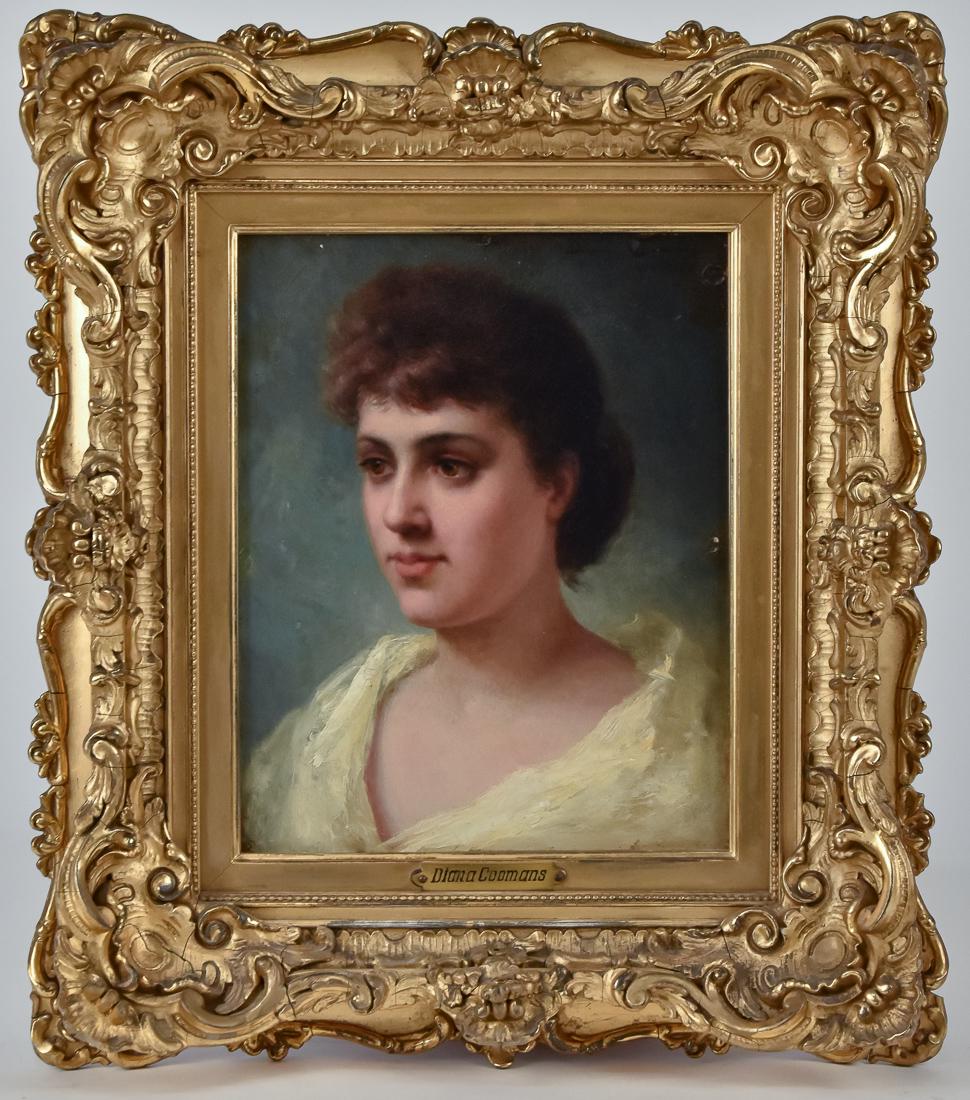 Diana Coomans (Belgim) Oil Painting: Diana Coomans (Belgium, 1861 - 1952) 10 1/2" H x 8 1/2" W oil on board of a portrait of a young lady.. Signed upper right, "Diana Coomans." Diana was the daughter and pupil of Joseph Coomans. She pain