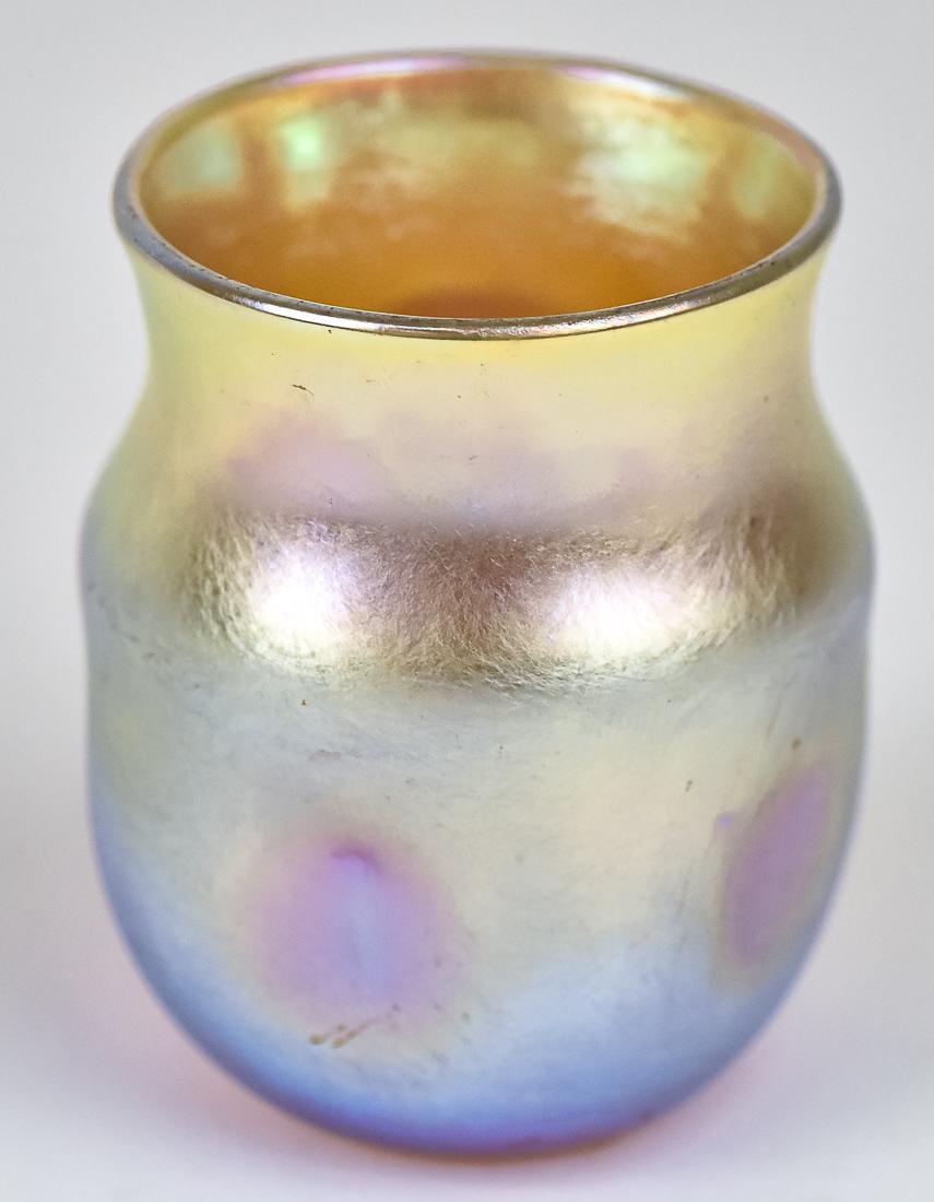 L.C. Tiffany Favrile Toothpick: Pinch sided Gold Favrile, signed on base L.C.T. R7060 with ground & polished pontil, 2" high. Condition Fine.