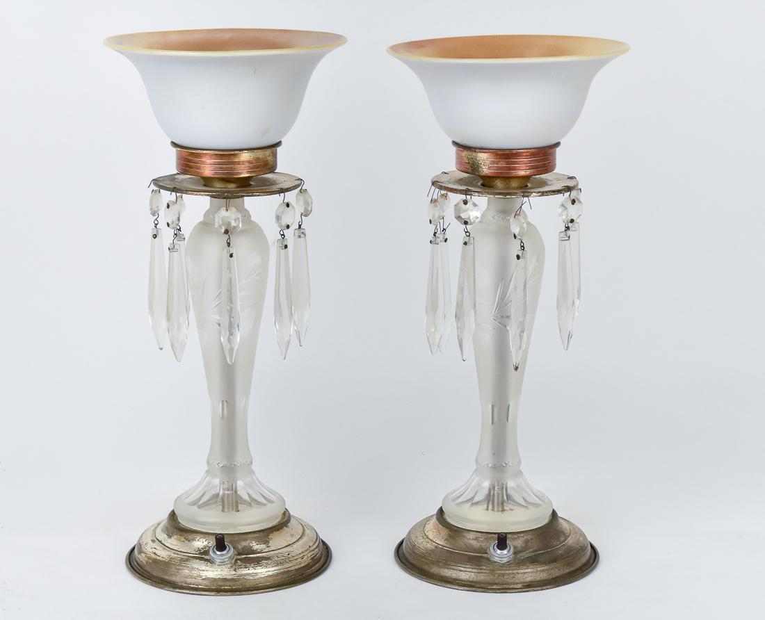 Pair Steuben & Hawks Art & Cut Glass Candle Lamps (1 of 8)