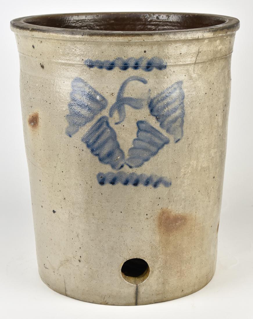 Cobalt Blue Decorated Stoneware Water Cooler: Salt glaze with Albany interior, free hand painted group of four bee hives surrounding no. 8 with zig-zag lines above and below, 14 x 16 1/4" high. Condition a couple of tight lines near base, else Fi