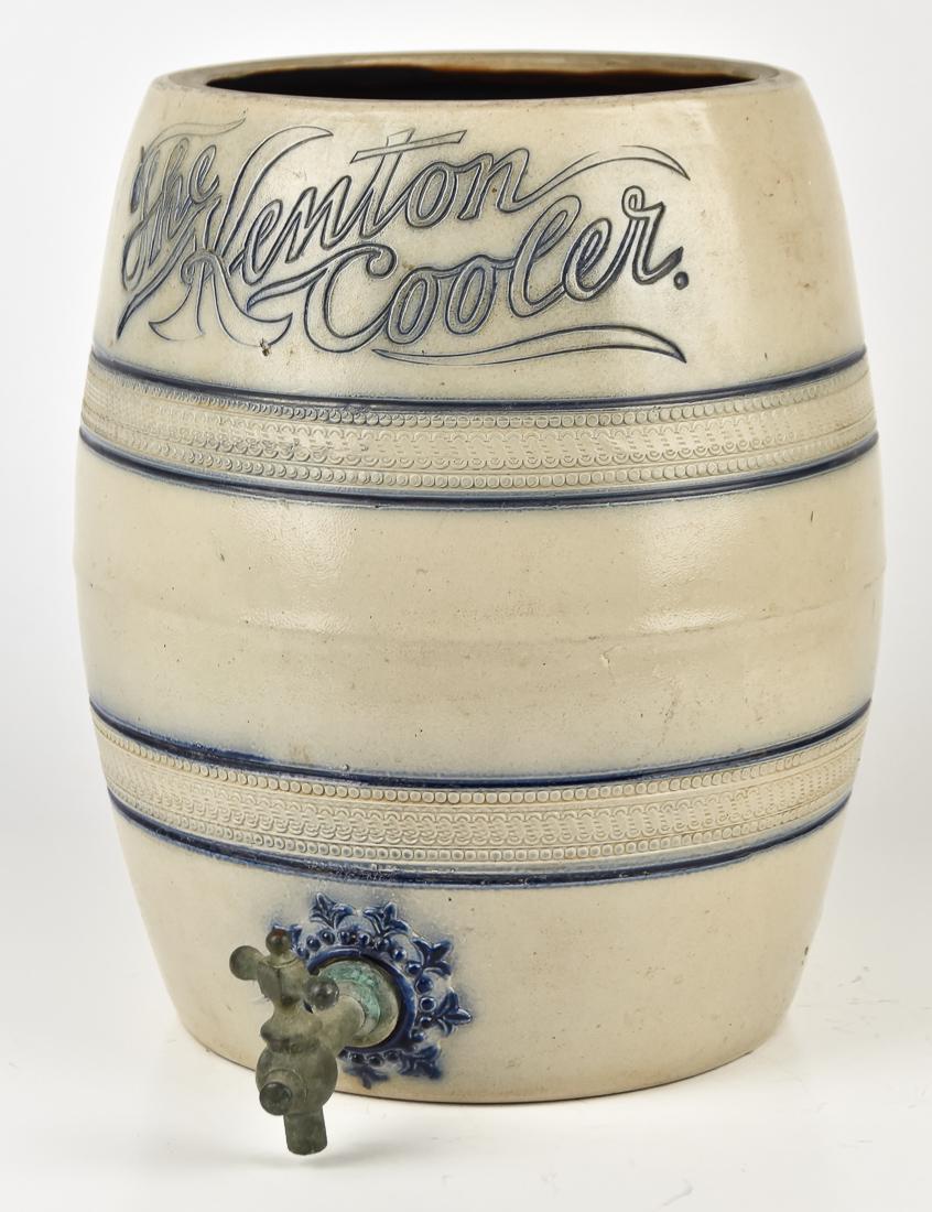 Cobalt Decorated Stoneware Water Cooler: Salt glaze with Albany interior and original brass spigot, barrel form, decorated with two roulette bands and incised The Kenton Cooler, all brushed with cobalt, 9 1/" diameter x 13" high. Condition o
