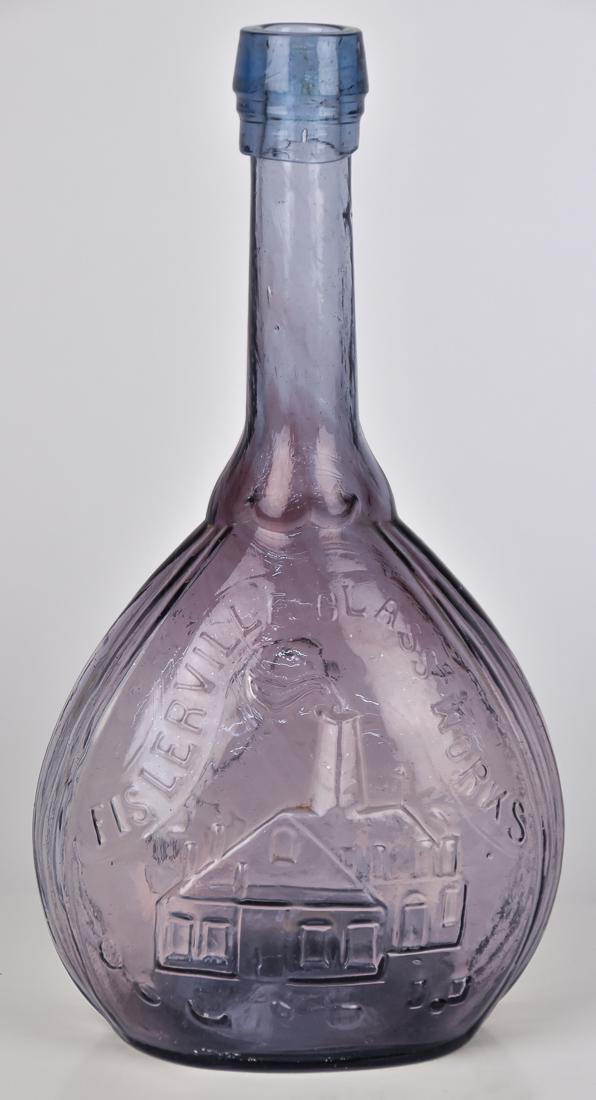 Early Jenny Lind Glass Flask: Blue at lip fading to deep purple Fisherville Glass Works on one side and Jenny Lind on the other, snap pontil and applied lip, 10 3/8" high. Condition Fine.