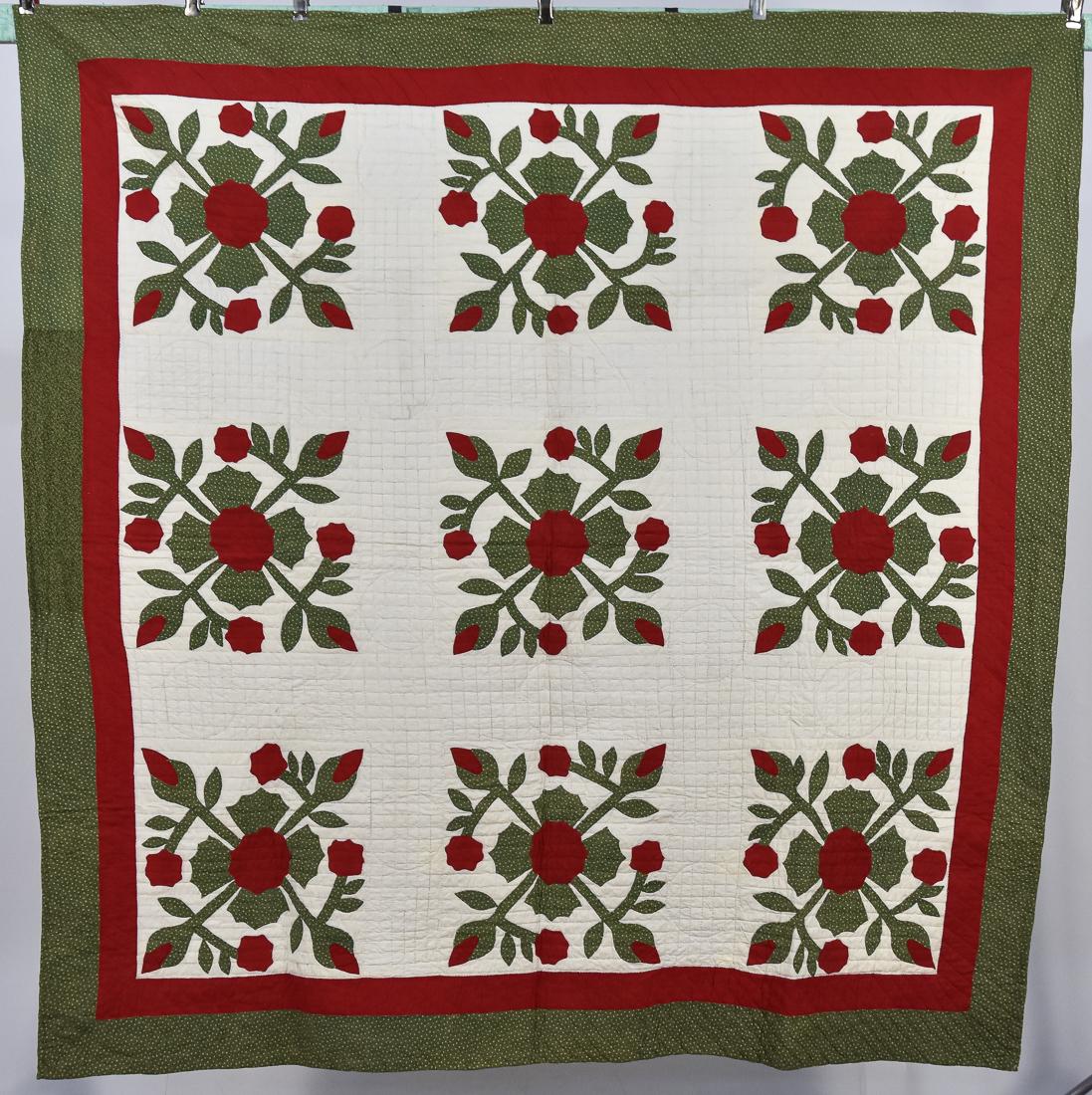 Early Appliqued Quilt: All hand made and quilted, circa 1870-80, Rose of Sharon pattern in early green calico and red solid fabrics, fine square quilting, nine repeating patterns, 73" square. Condition Very Fine, appears to