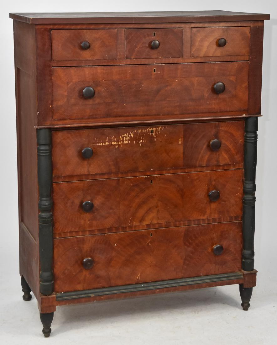 Early Walnut Creek Holmes County Ohio Painted Chest: Circa 1840, attributed to Stutsman, Holmes County Ohio, in poplar in original paint decorated front with overhanging top, over three small dovetailed overhanging drawers, over larger overhanging drawe