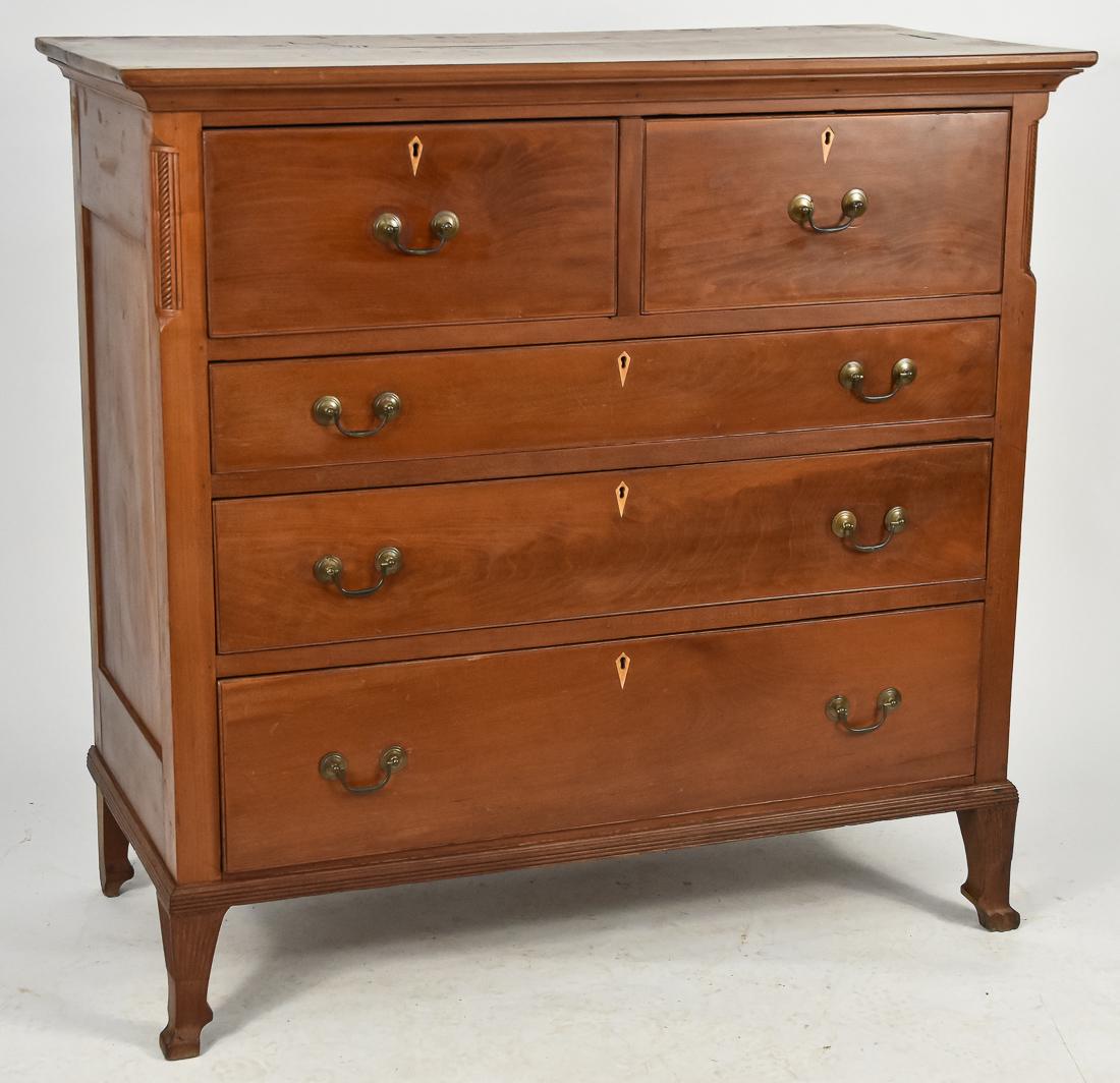 Unusual Fairfield Co. Ohio Cherry Hepplewhite Chest: Found in Fairfield Co. with cove molded top over two dovetailed hat drawers, over three graduated drawers all with scribbed cock beaded edges, inlaid diamond maple escutcheon and original brass bale h