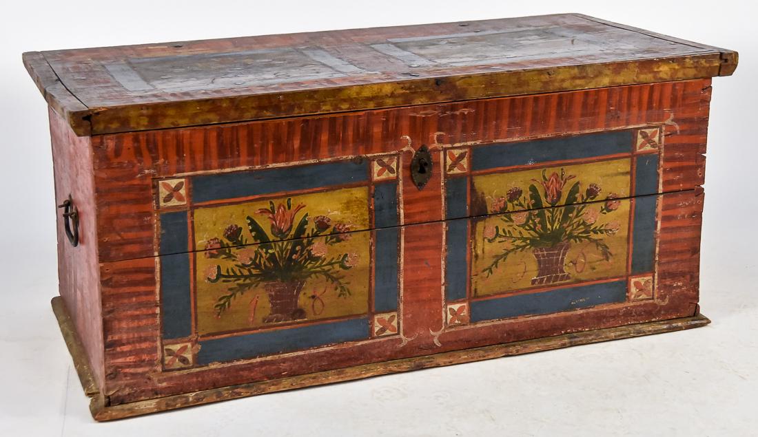 Early Paint Decorated Blanket Chest: Pine with dovetailed case, and nice reddish orange graining, front and lid with matching painted two panel decoration with polychrome painted flower baskets with blue surrounds, large wrought iron loc