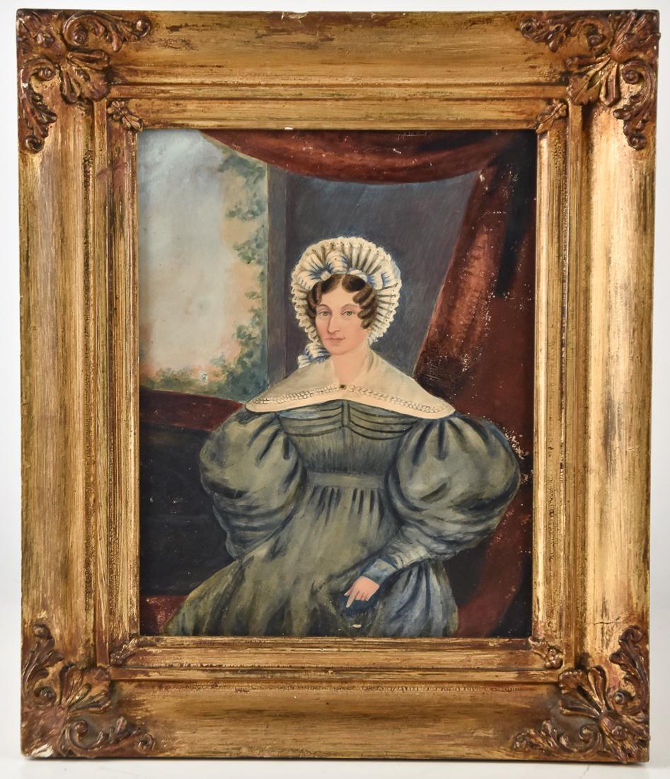 Wonderful Folk Art Portrait of a Lady: Early watercolor of lady seated next to window in blue dress with white bonnet and trim, circa 1840's American, 7 1/2 x 9 1/2" in original gold painted frame, 11 x 13". Condition Fine.