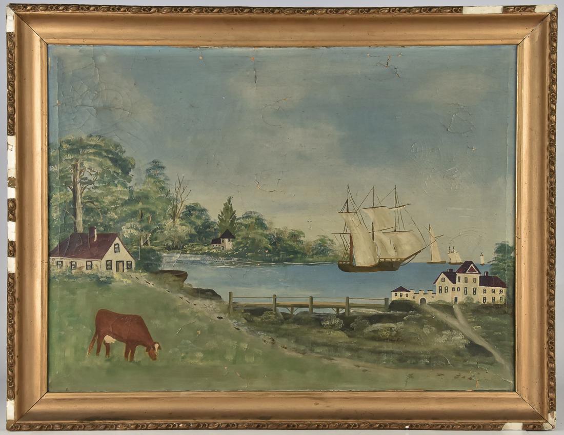 Early Folk Art Painting Of Coastal Scene with Ships: 19th century 20"h. x 27"w. folk art painting of a coastal Farm scene with a grazing cow in foreground and ships sailing along the coast. Some craquelure, good condition. Frame 24"h. x 27"w.