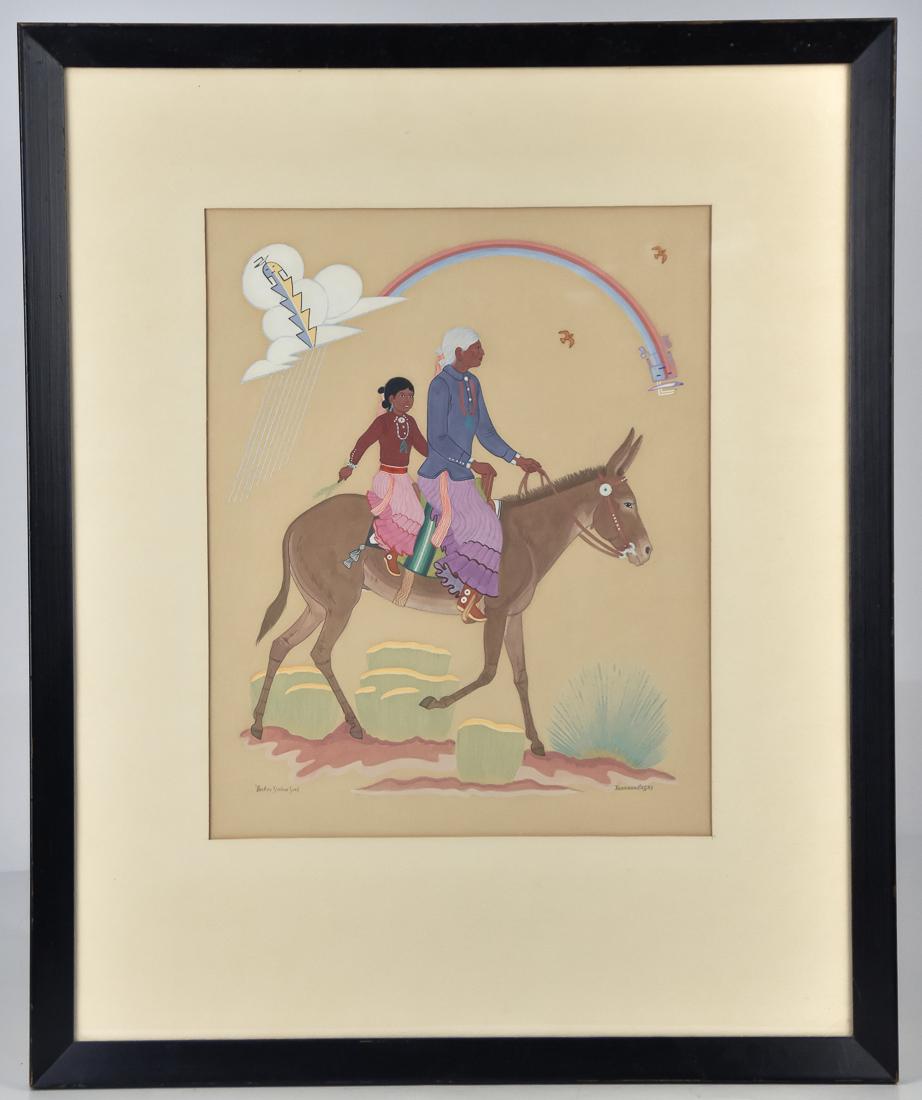 Navajo Watercolor by Harrison BeGay: Woman and child on horseback marked lower left Haskay Yahne Yah, and signed lower right Harrison BeGay, sight 12 x 15" matted and framed, 20 1/2 x 25". Condition Fine.