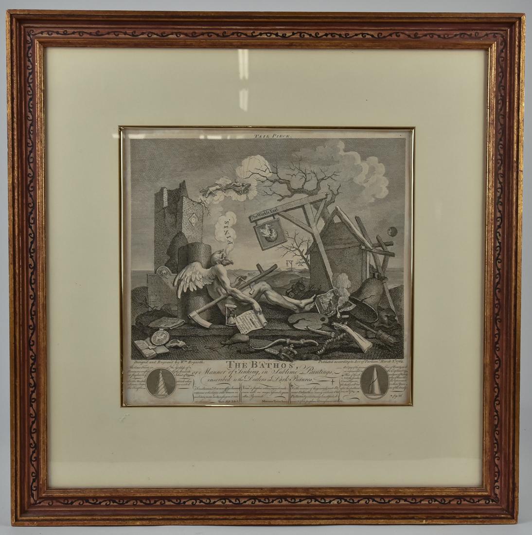 Wm Hogarth 18th Century Engraving: Entitled The Bathos', with a aged & nude angle of death reclining on broken column and smoking a pipe with wreckage around him, large block of text below, marked lower left Designed and Engraved by Wm