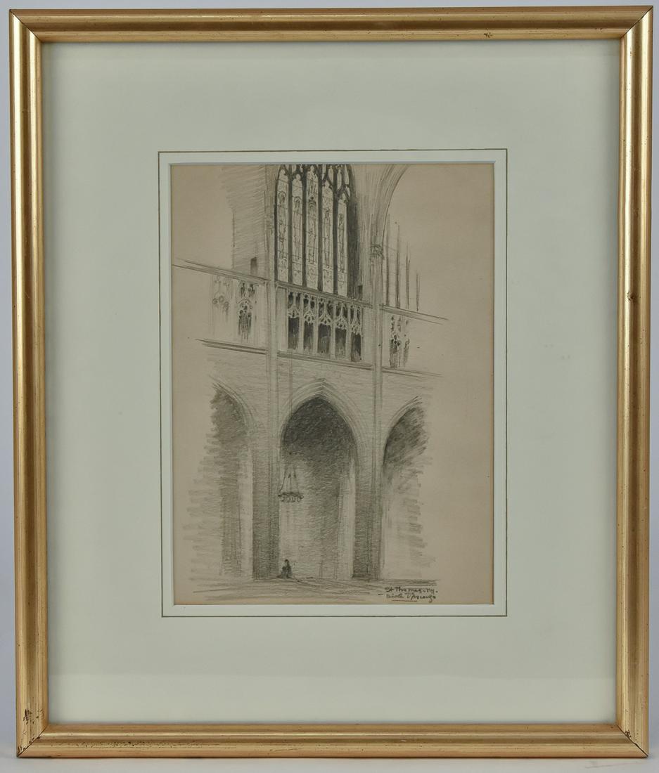 Nicola D'Ascenzo Pencil Sketch: Nicola D'Asceno (Philadelphia 1871-1954) noted Italian-American Stained glass designer, pencil sketch of Gothic church front, titled and signed lower right St. Thomas N.Y. Nicola D'Asceno, sight 7 x 1