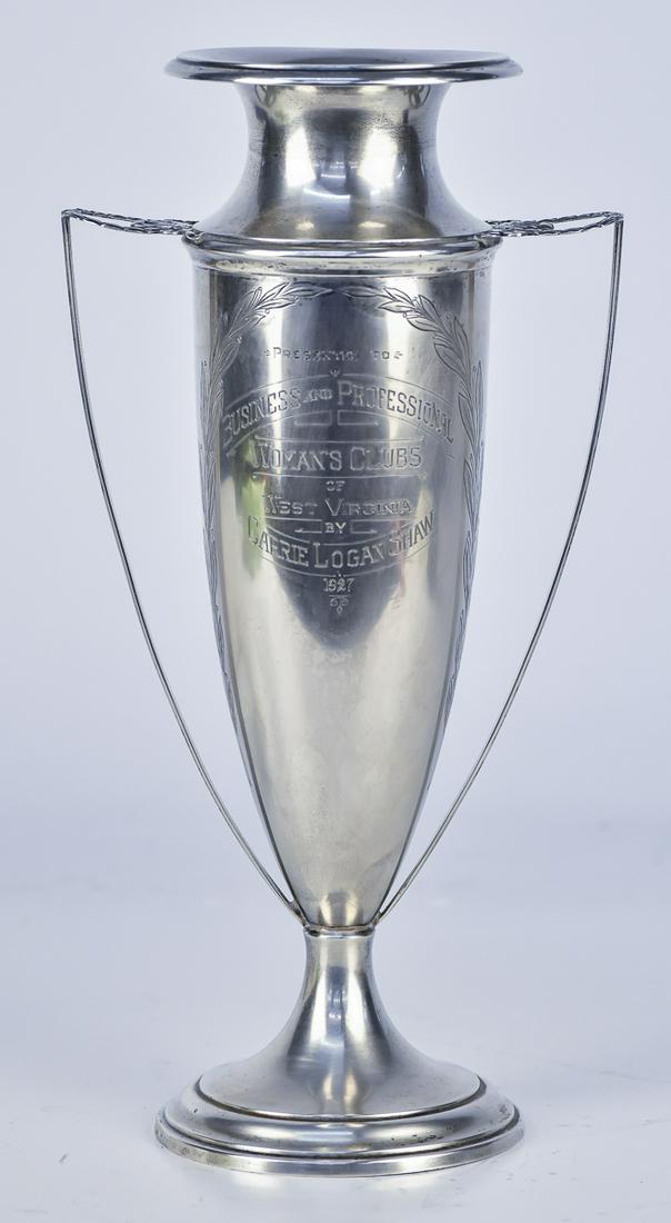 1927 Wallace Sterling Trophy: Baluster form and footed with two handles, marked on base Wallace Sterling, engraved on each side: presented To Business and Professional Woman's Club of West Virginia By Carrie Logan Shaw 927. Revers