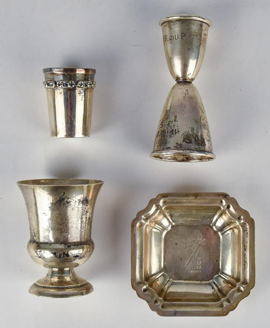 Four Pieces Sterling Holloware: Including heavy Mexican Sterling shot with floral band below lip, 1 3/4" high; plus drinks mixing measure with double cup, 3 3/4" high; plus small dish marked Windsor International Sterling, 3 1.4" sq