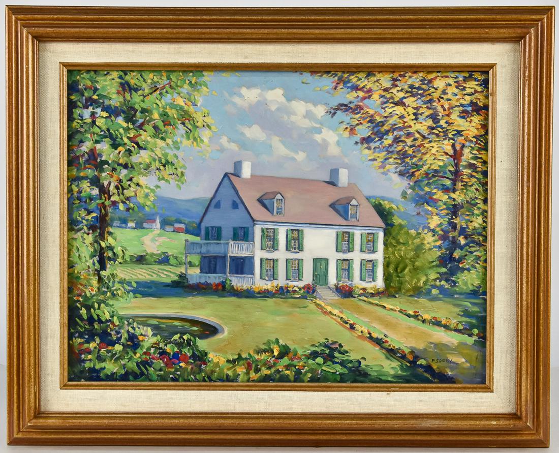 Francis Dixon Oil Landscape: Francis S. Dixon (N.Y./Calif. 1879-1967) oil painting on Masonite of New England landscape with salt box house, signed lower right F.S. Dixon, 16 x 12" in nice gilt & linen frame, 20 1/2 x 16 1/2". Co