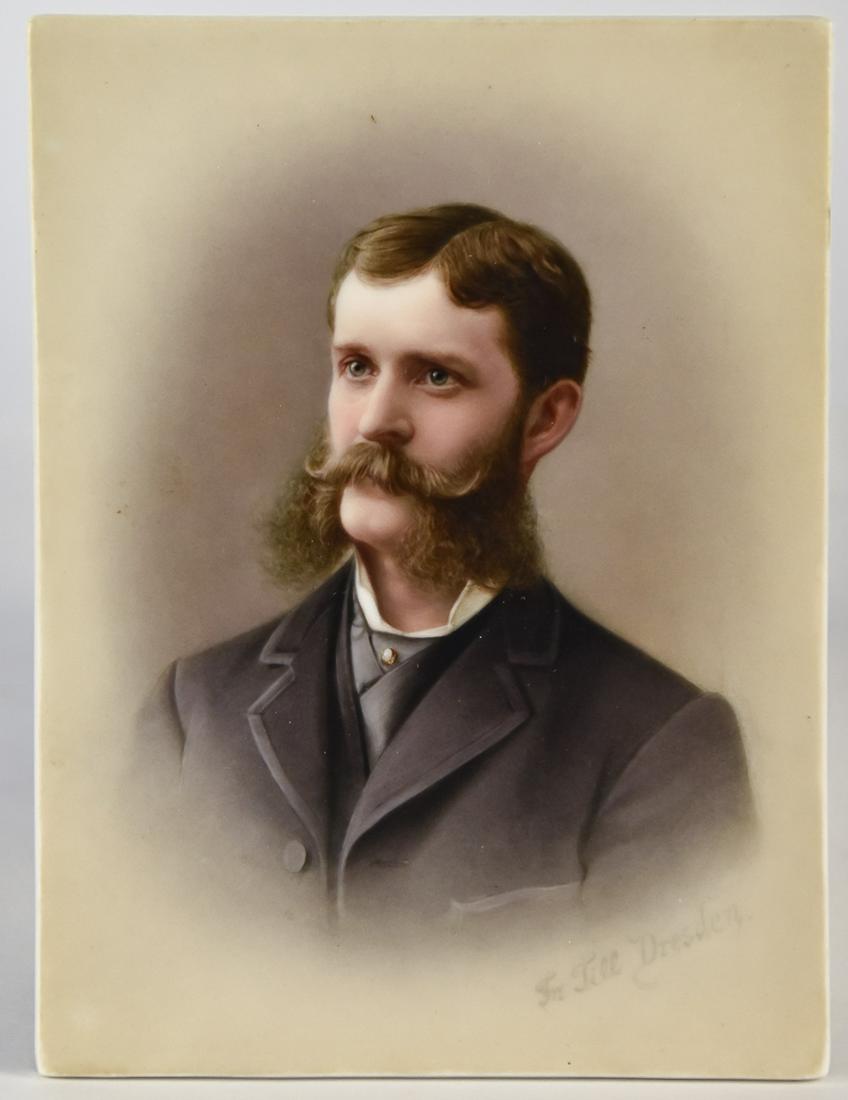 K.P.M. Porcelain Plaque: Shoulder length painted portrait of Victorian Gentleman Andrew Thomas Griffin, artist signed lower right Fr. Till Dresden. Reverse with inked identification of sitter, stamped K.P.M./158, 4 5/8 x6 1/8