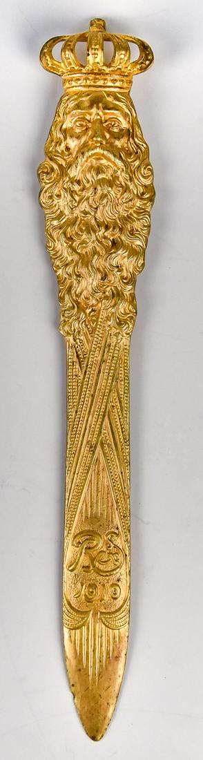 Gilt Bronze Letter Opener: In the form of a crowned bearded head with cast Rex/1910 on blade, 9 3/4" long. Condition, slight scratched near blade end, else Fine.