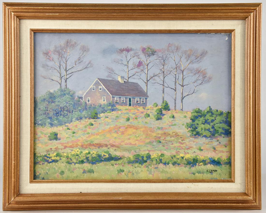 Francis Dixon Oil Landscape: Francis S. Dixon (N.Y./Calif. 1879-1967) oil painting on canvas of New England landscape with salt box house, signed lower right F.S. Dixon, 16 x 12" in nice gilt & linen frame, 20 1/2 x 16 1/2". Cond