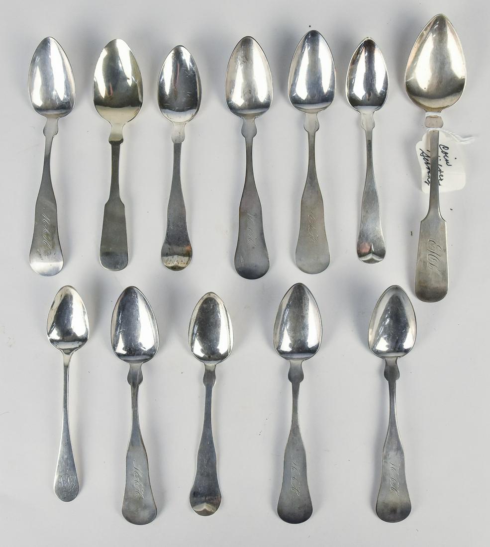 12 Coin Silver Spoons: All tea except last including one unmarked 18th century example; plus 6 by B.M. Bailey, circa 1848, Ludlow, Mass; plus one by R.G. Hall; plus one by C. Parker; plus one by Palmer & Bachelder; plus one