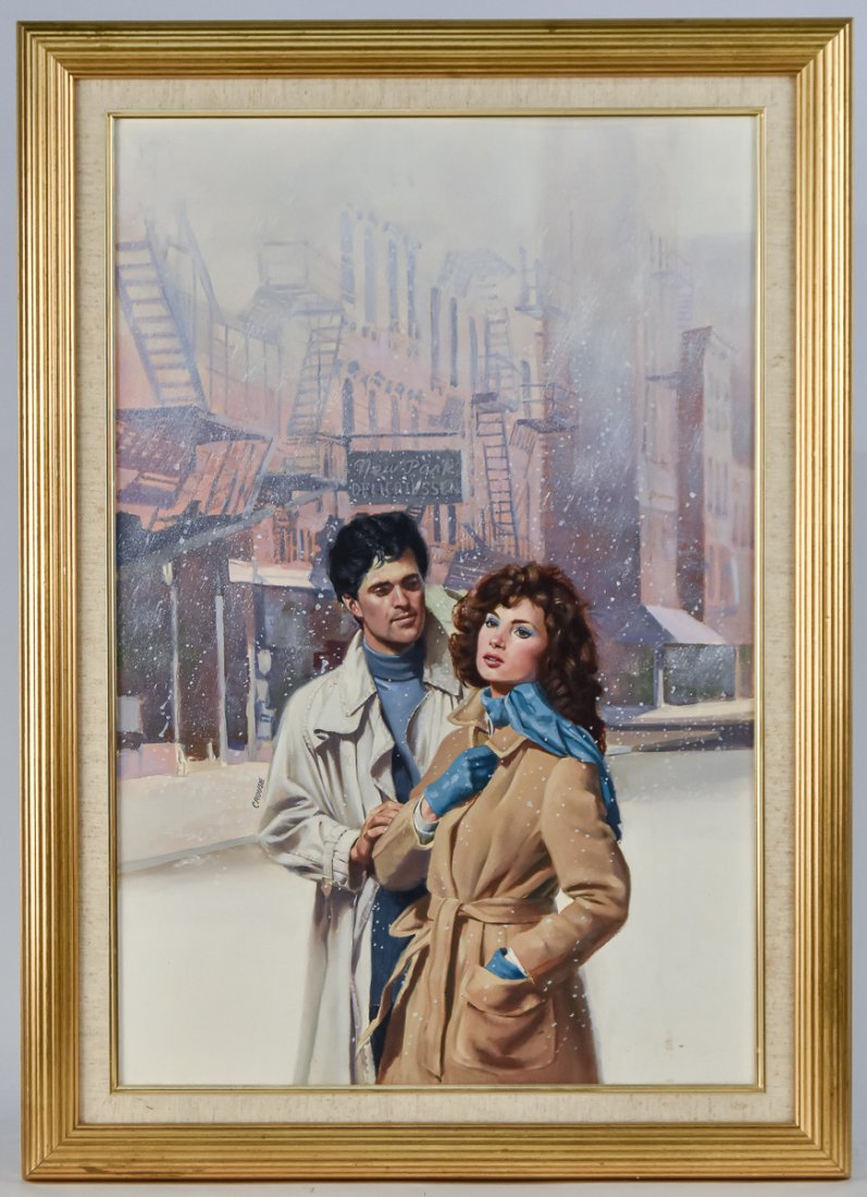 Danny Crouse Cover Art Painting: Danny Crouse (American 1938-1992) 20" x 30" oil on board titled "Joyous Season" and dated May 1984 on verso. Likely from Romance Novel cover. Frame 35 1/2" x 25". Good condition.