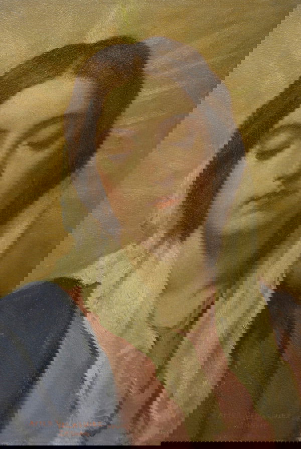 Joseph Henry Sharp (Cincinnati, OH) Oil Painting: Joseph Henry Sharp (Cincinnati, OH, 1859-1953), "Madonna, After Velasquez, Madrid", 13 3/4" X 9 3/4", oil on board. Signed lower left. Also, signed on back Painted for Sister Enlalia, of Santa Fe', N.