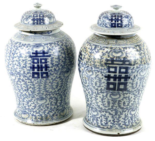TWO CHINESE EXPORT BLUE & WHITE PORCELAIN COVERED J