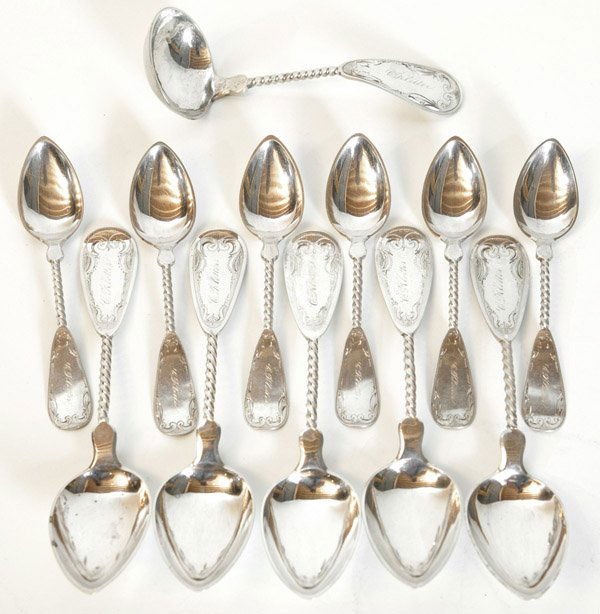 12 DUHME & CO. CINCINNATI, OH. COIN SILVER SPOONS: Twelve items with twisted stems including one 7" ladle, five 8" tablespoons and six 6" teaspoons. All engraved "C. Klotter", prominent Cincinnati family. Fine condition. EST. $150. - $350.