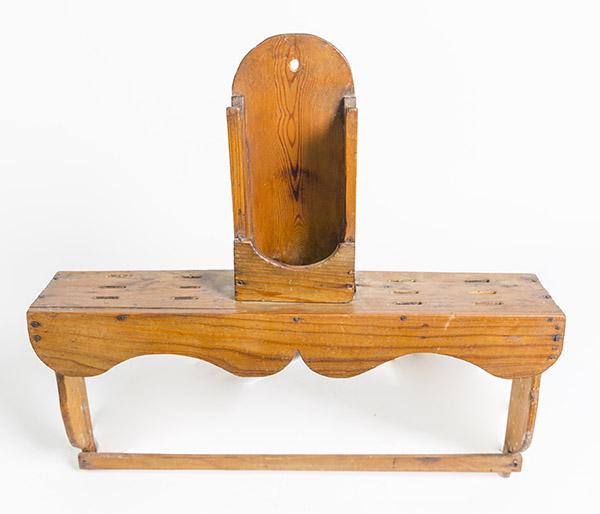 Early Hanging Knife Rack: White pine with early wire brads, tombstone top with space for knife sharpener, over shelf with cut-outs for 12 knives, over flat bar for kitchen cloths, original natural finish, with nice patina, cir