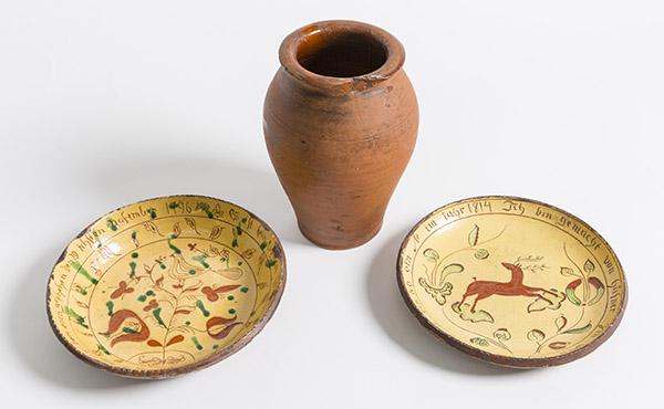 Two David T. Smith Decorated Redware Plates Plus (1 of 6)