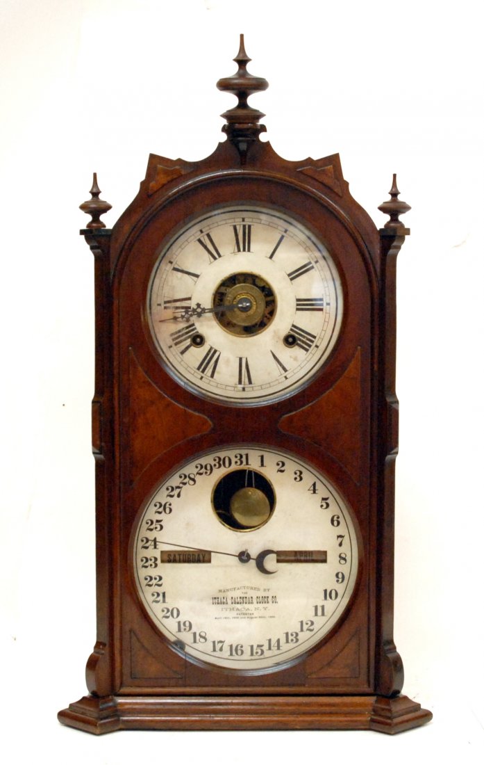 ITHACA WALNUT DOUBLE DIAL CALENDAR CLOCK (1 of 14)