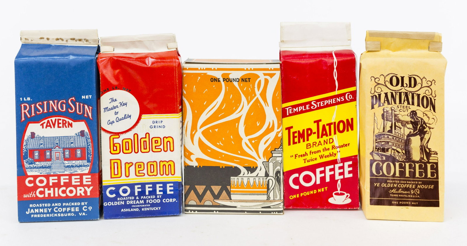 Early Coffee Bags Plus: Lot of five, including for lithographed paper bags, brand names including Old Plantation, Hulman Co., Terre Haute, Ind.; Rising Sun Tavern, Janney Coffee Co., Fredericksburg, Va.; plus Golden Dream, G