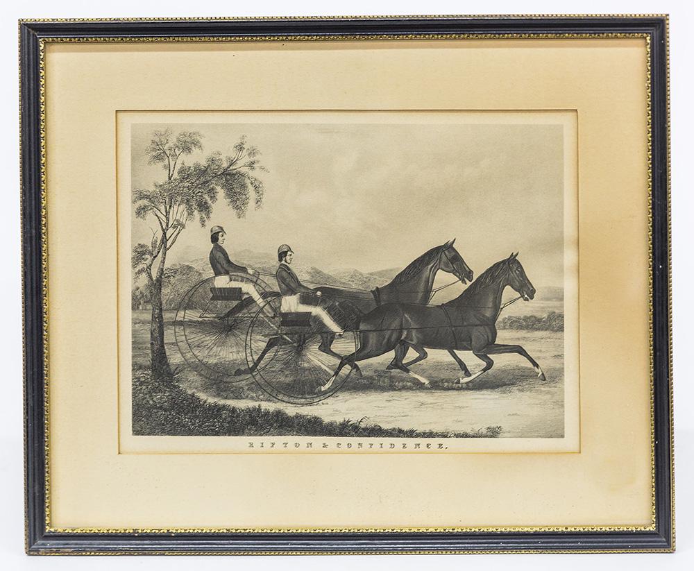 Sports Engraving by J.W. Uwings: Entitled Rifton & Confidence with two racing sulky's, sight 15 x 11", matted and framed, 21 x 17". Condition Fine.