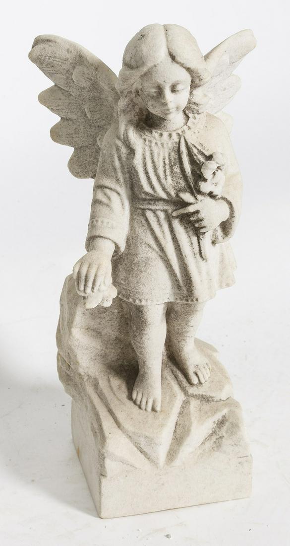 Marble Angel Sculpture: Female child form holding lillies on squre rock outcrop form base, 6 1/2" square x 18" high. Condition moderate weathering, still Very Good.