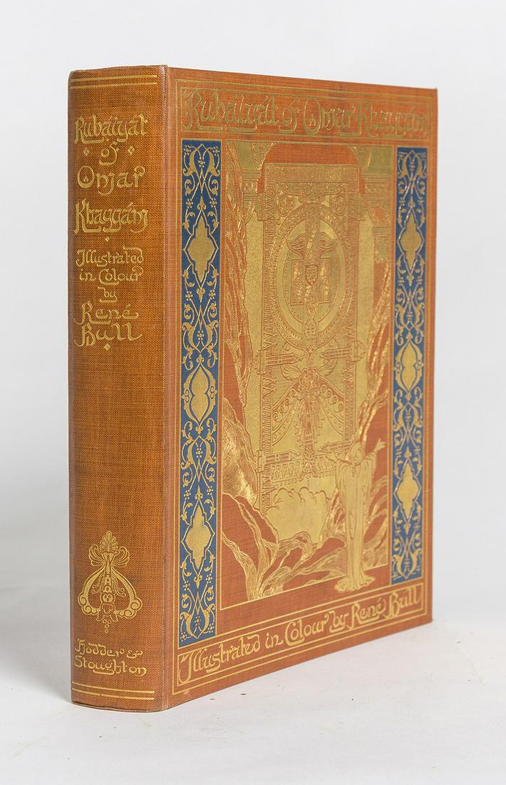 Rubaiyat of Omar Kayyam, Hodder & Stoughton Edition: Translated by Edward Fitzgerald with illustrations by Rene Bull, large 4to volume, n.d. with all illustrations, embossed and illustrated buckram boars with gilt, unnumbered pages, complete. Condition 