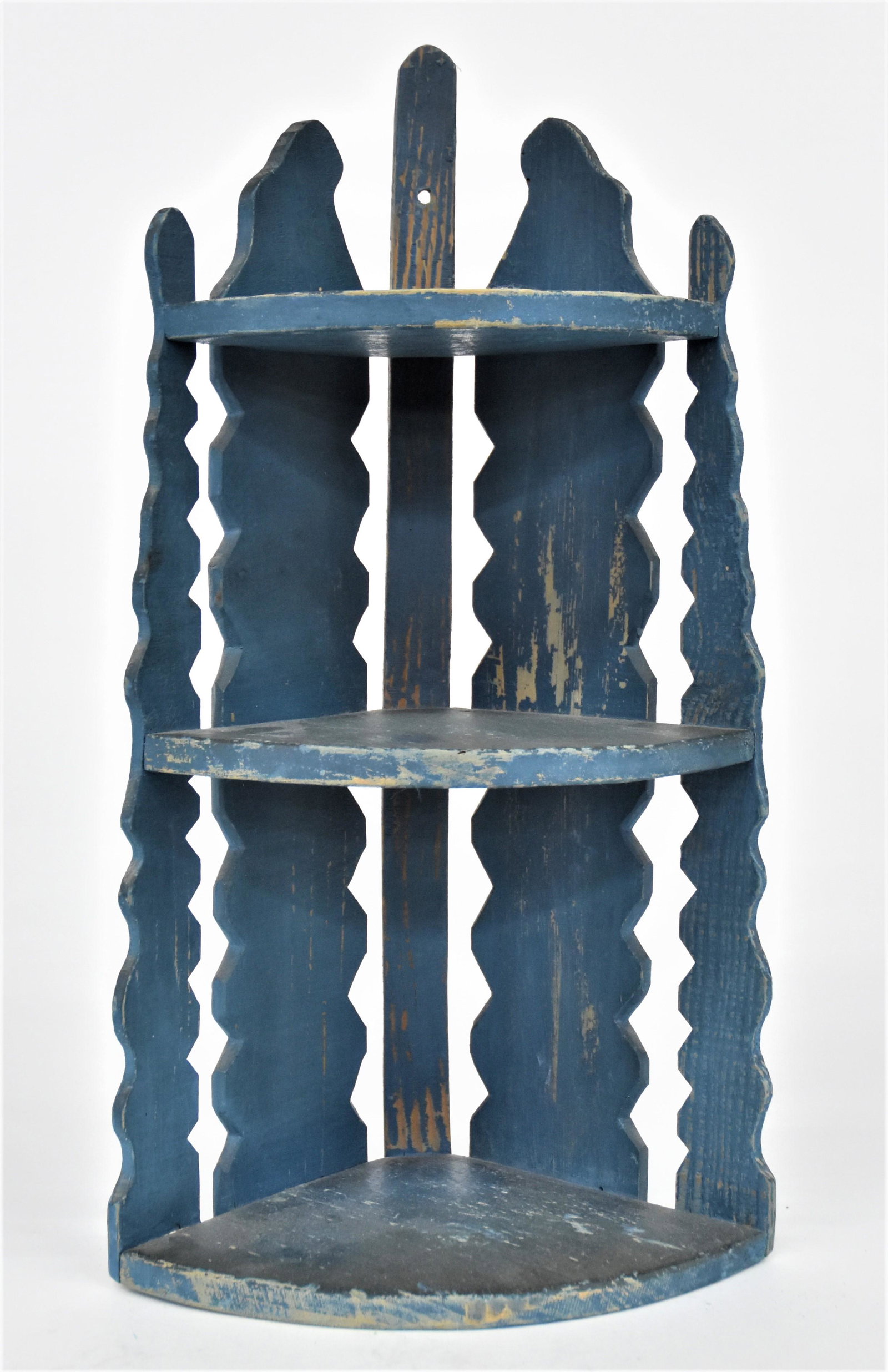 Folk Art Blue Painted Hanging Corner Shelf: Folk Art early 20th century, with three graduated shelves, 10 x 6 x 18 1/2" high. Condition paint circa 87%, Fine.