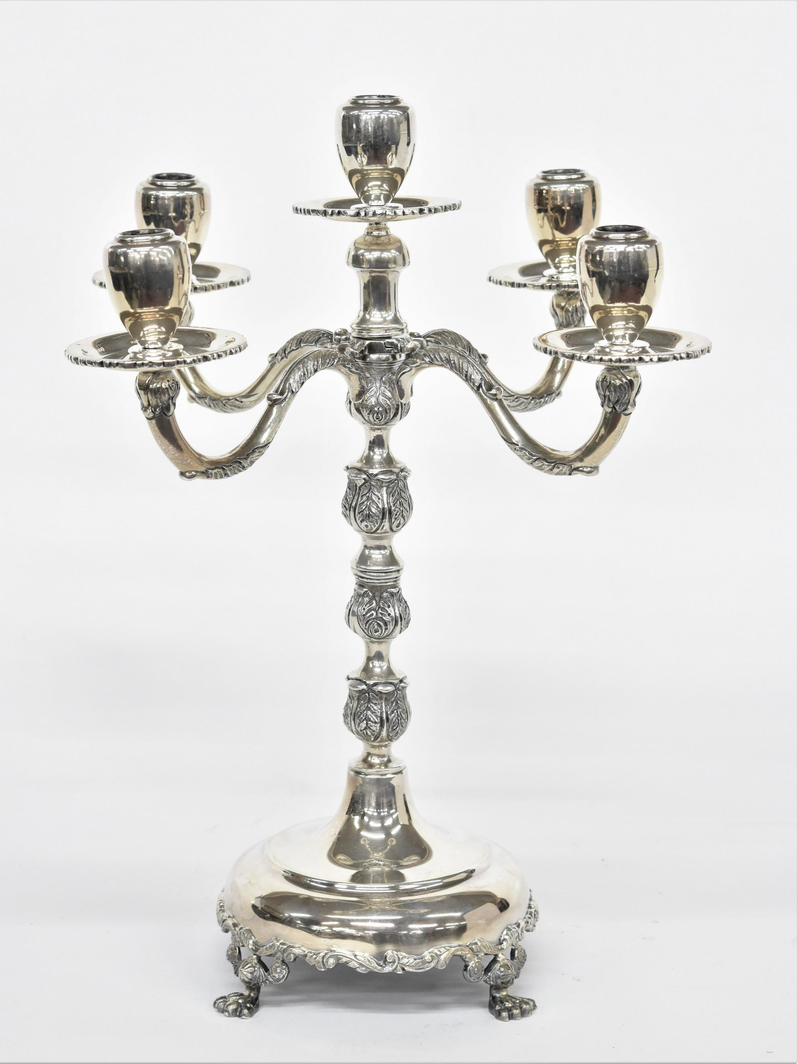 Large Solid Sterling Silver Candelabra: Five arm with chased acanthus leaf decoration and lion paw feet, marked on underside Lehmann with artist pallet Sterling 925 , Hecho En Mexico, 17" diameter x 19 3/4" high, total weight 101.80 ozt. Co