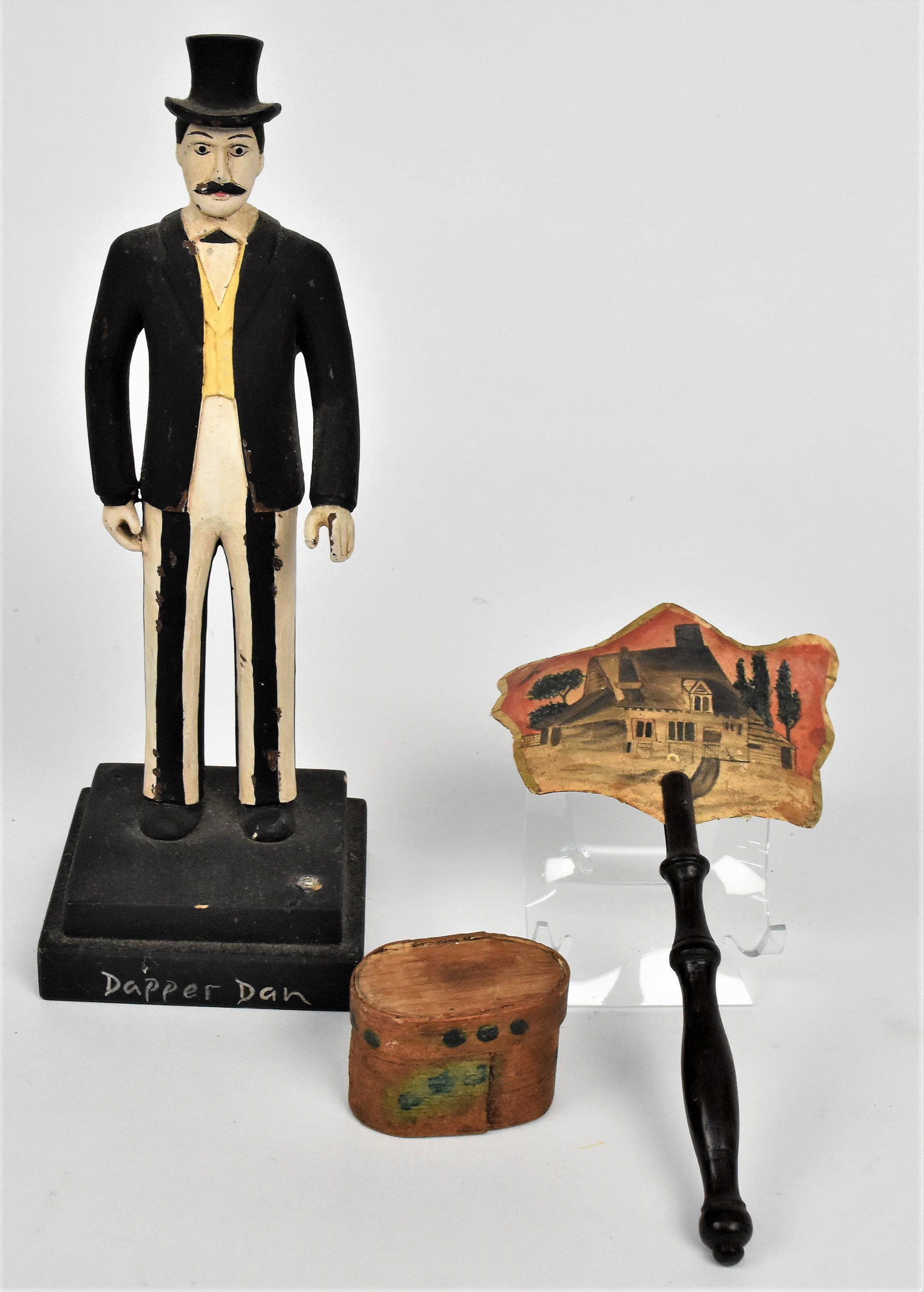 Folk Art Figure, Fan & Snuff: Lot of three including a carved and polychrome painted wood figure of Dapper Dan, a gentleman in top hat on stepped plinth with title across front, 3 1/2" square x 10" high; plus a light card stock pa
