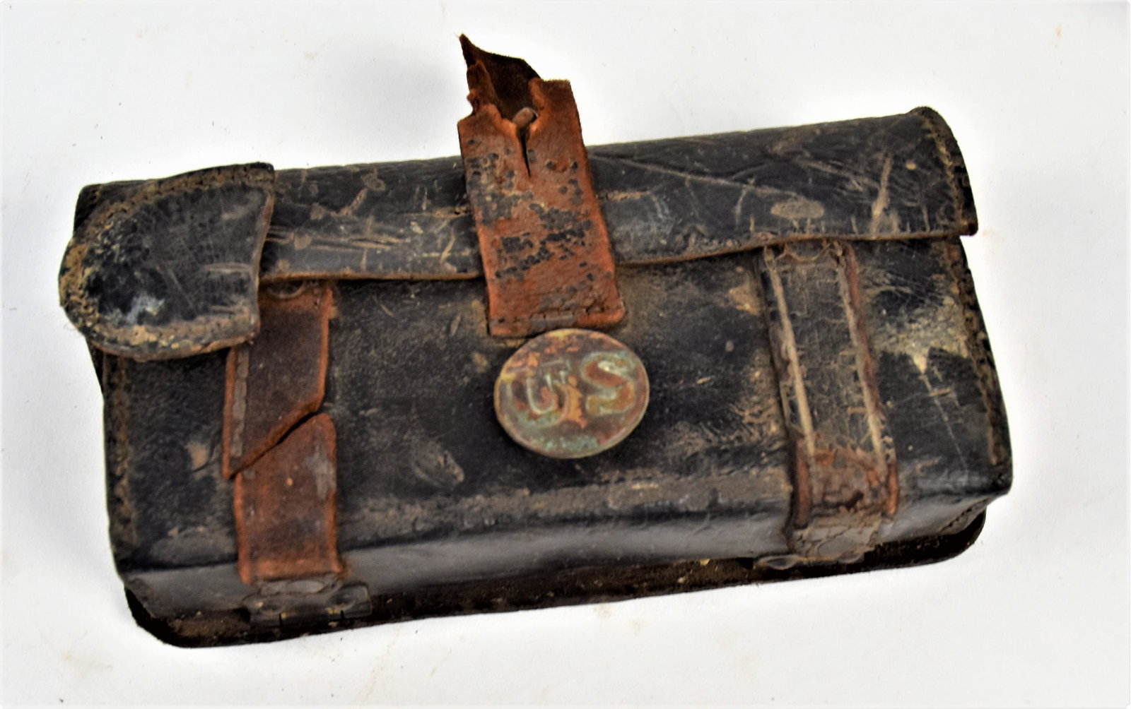 Lot of Early Miliatria: Lot of four, including a leather and wood Civil War cartridge box with four bullets, circa .60 caliber, 7 x 2 x 4" high; plus tin black powder can with threaded lid, circa 1880's, 5 3/4" high; and sma
