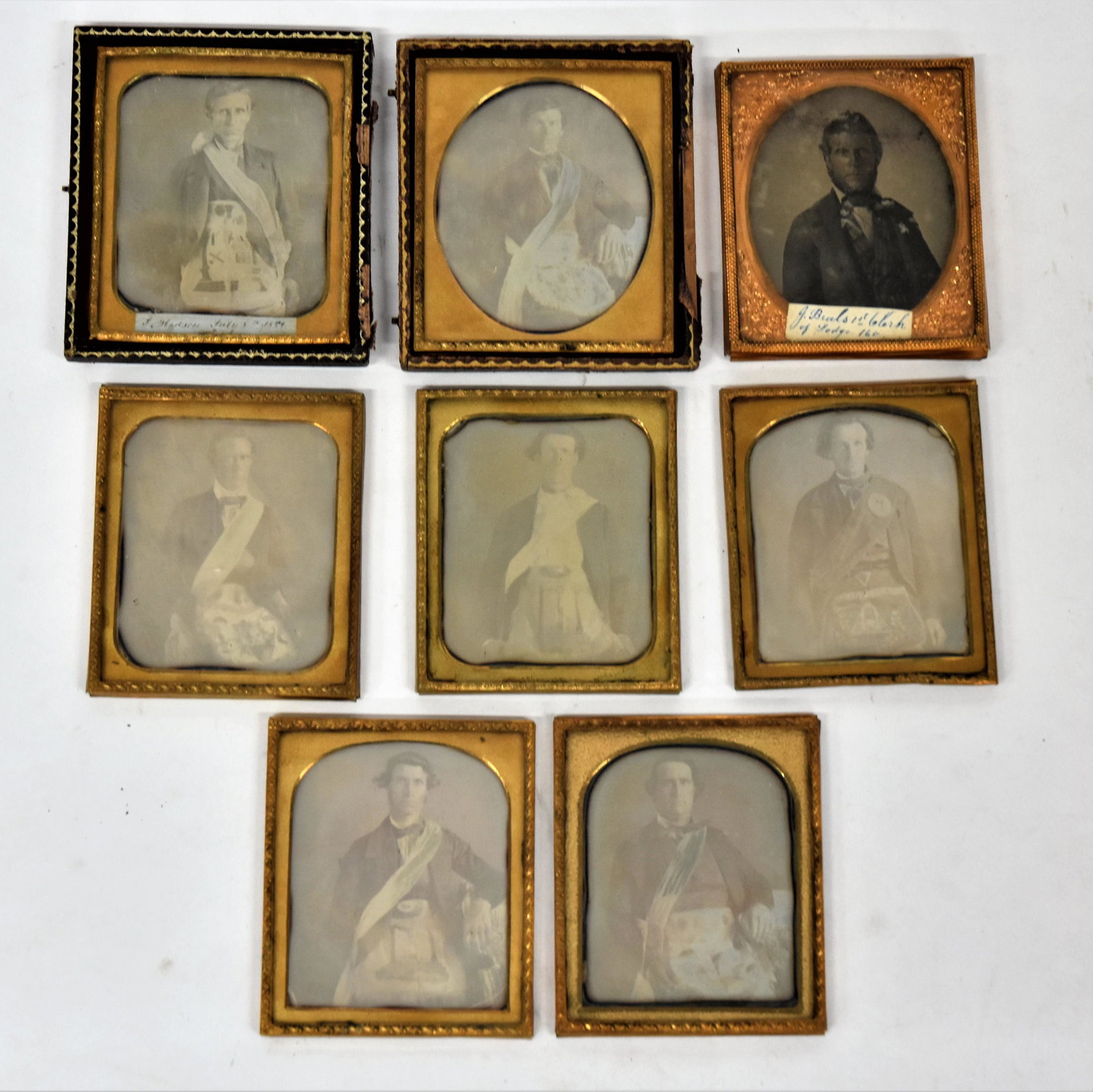 Masonic Daguerreotypes Plus: Lot of ten items including seven sixth plate daugerreotypes of members of R.A.M. (Royal Arch Masonry) lodge in Greenfield, Highland Co., Ohio, each gentleman is wearing a highly decorated Masonic apro