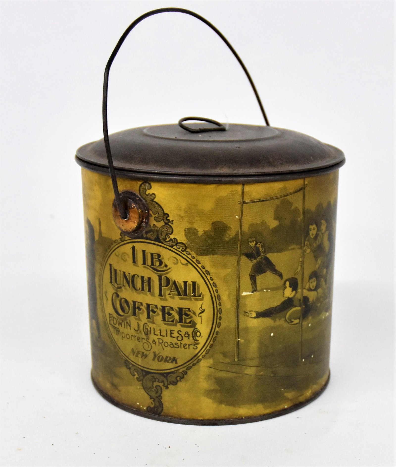 Lunch Pale Coffee Tin: Lunch pale form tin with wire handle on sides and wire ring on top, chromolithographed scenes of little girls playing and boys in football game, 5" diameter & high, less handle. Condition paint only 7