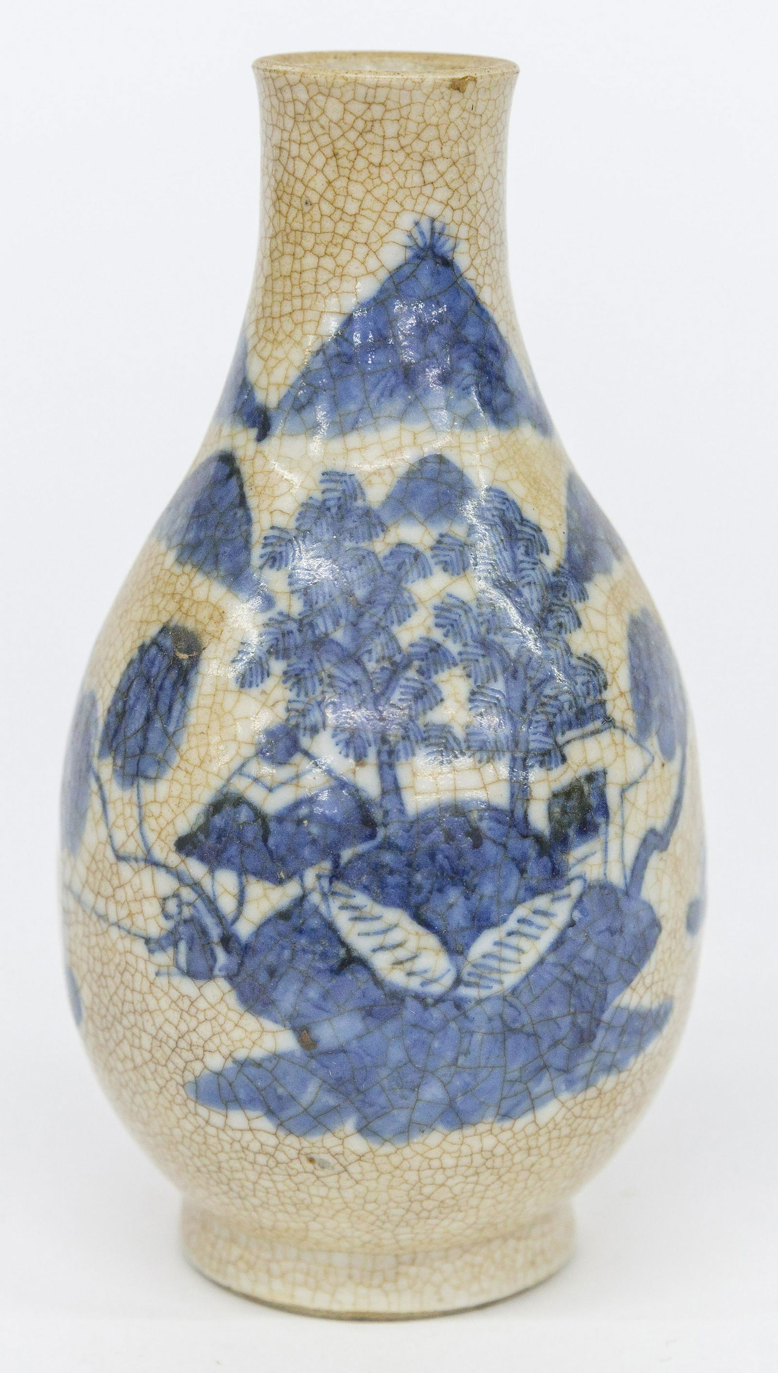 Chinese Canton Type Vase: Baluster form with blue underglaze painted mountain landscape on crackled white ground, footed, unmarked, 3" diameter x 7" high. Brought back from China by Nurse Miller who worked for the Western Chin