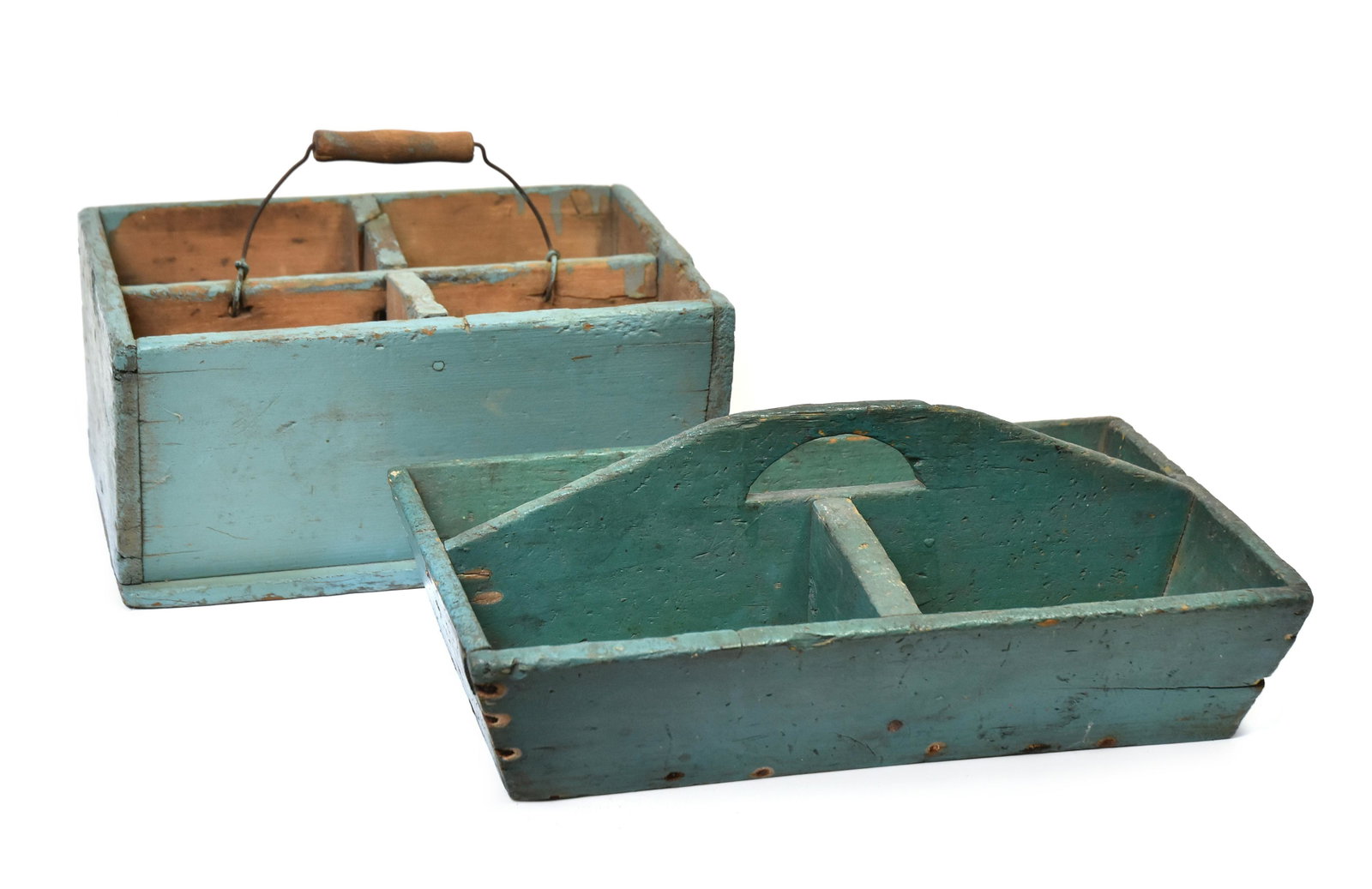 Two Early Carriers: Both 19th century including maple cutlery carrier with cut-out handle, nail construction, in period green painted finish,16 1/2 10 1/4 x 5 3/4" high; and tool or nail carrier with four compartments an