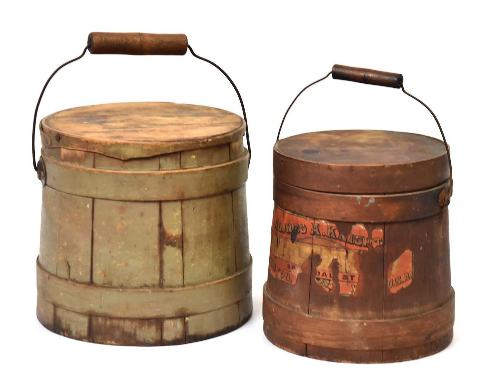 Two Early Sugar Buckets: Both single finger banding, one in nice old gray painted finish with swing wire ale handle with turned wood grip, lidded, 8" diameter x 7 1/2" high; and 2nd with partial printed chromolithographed pap