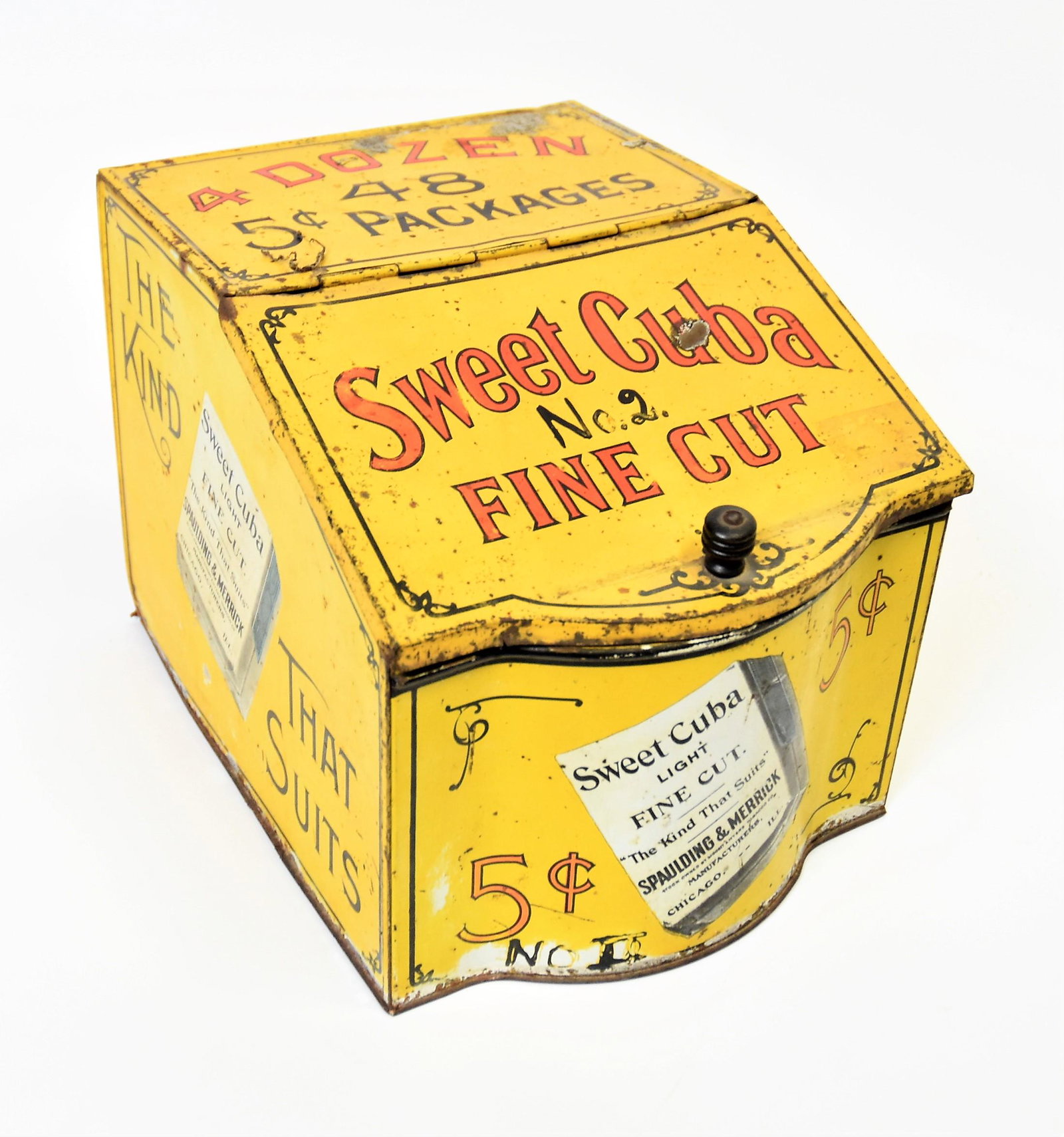 Sweet Cuba Counter Top Tobacco Box: Chromolithographed tin with slant lid with turned wood knob, illustration of package on front and sides , top with 4 Dozen/48/5? Packages, with lid having Sweet Cuba/Fine Cut, 8 x 11 x 8" high. Condit