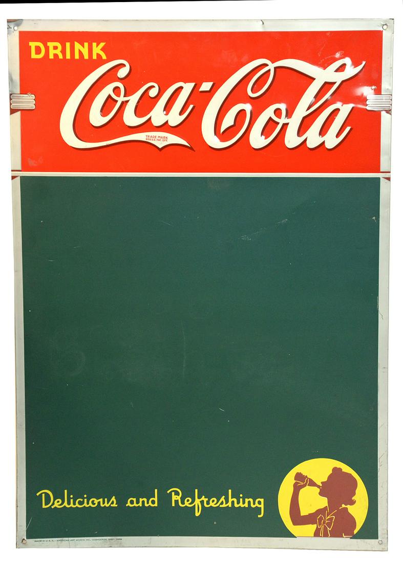 Coca-Cola Menu Board: Chromolithographed tin with Drink Coca-Cola on ed at top, green menu board with yellow text along lower margin reading: Delicious and Refreshing, with silhouette of young girl drinking from bottle, ma
