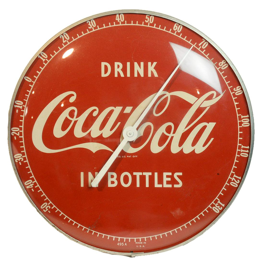 Coca-Cola Thermometer: Round lithographed tin in red & white with Drink/Coca-Cola/In Bottles, with surrounding temperatures from -50 to 130, marked lower edge 495A Made In U.S.A. with domed glass cover, 12" diameter. Condit